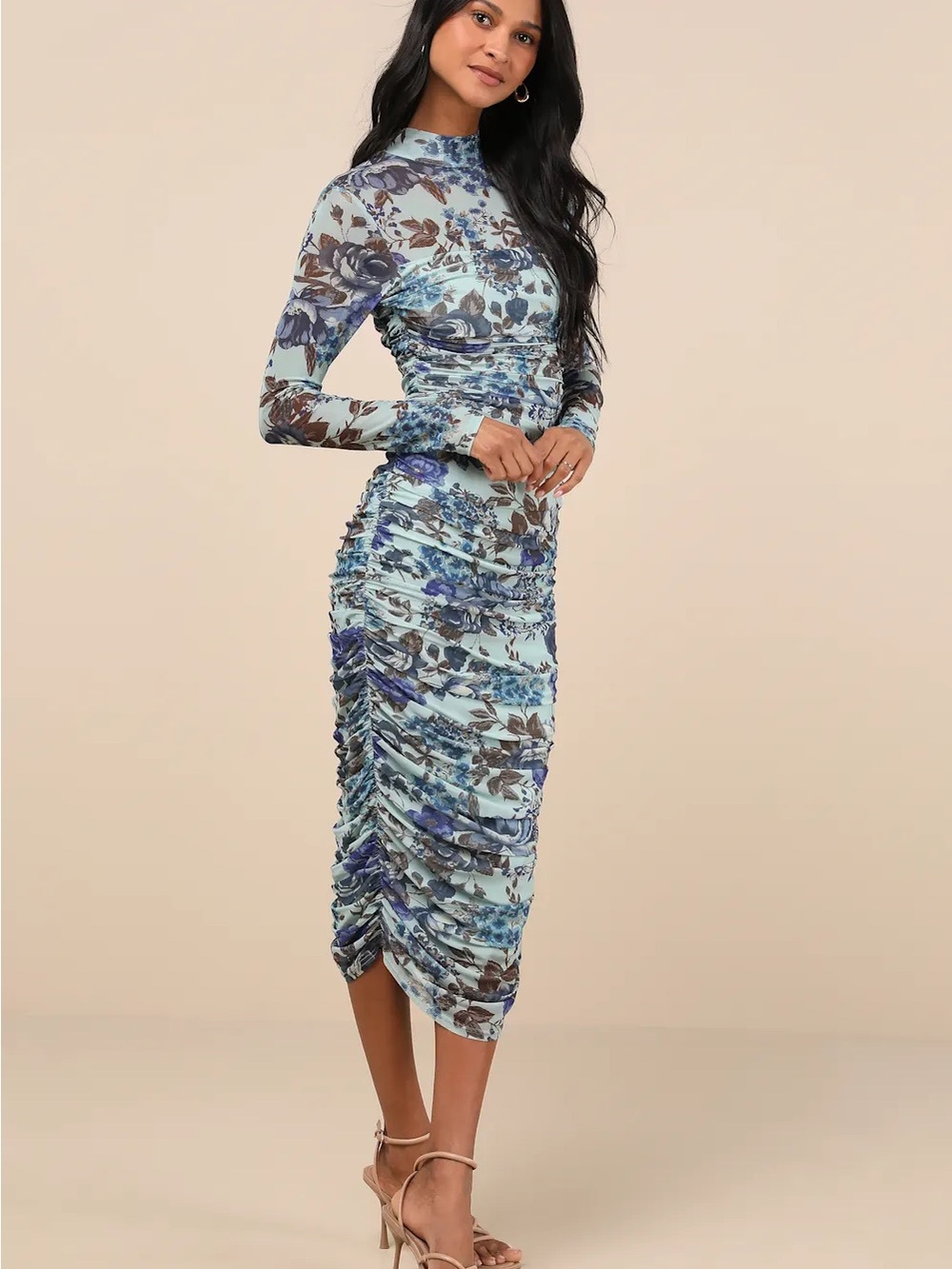 Lulu's Impressive Flirt Blue Floral Mesh Ruched Mock Neck Midi Dress - Picture 3 of 4